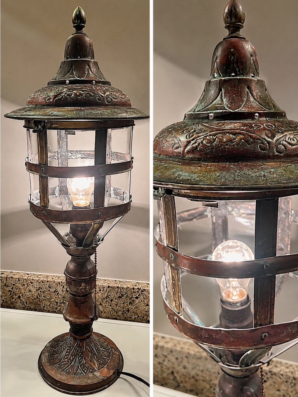 Vintage Copper Lantern Lamp - Home Accents 24.5” Tall & 9” Wide Great Patina